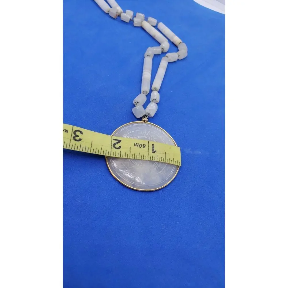 Vintage Necklace Pendant Medallion Myan Sun God Carved Quartz Beaded Chain Gem